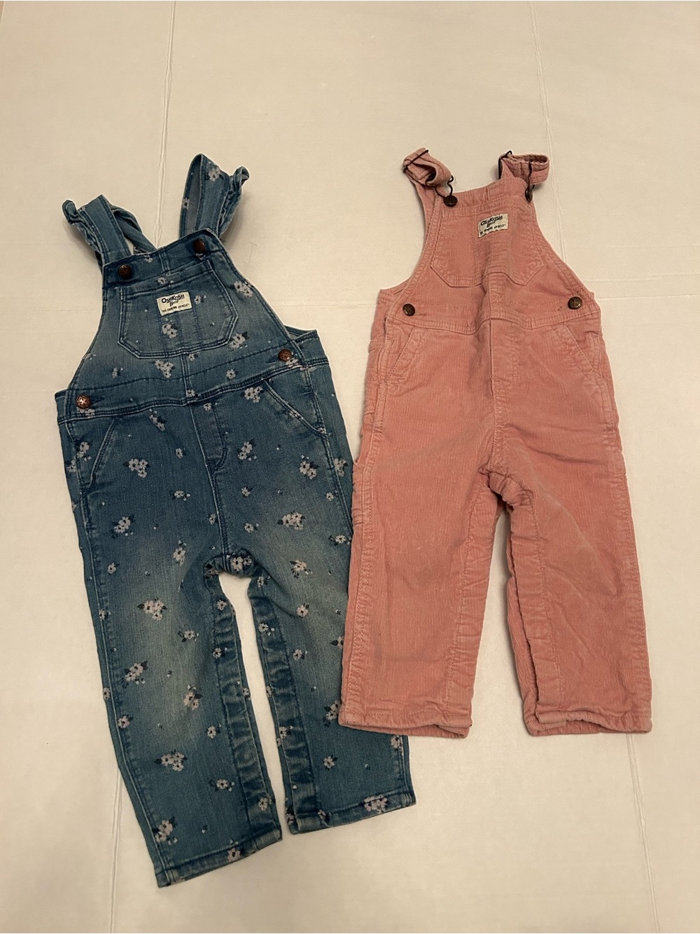 OshKosh B'gosh Pink Corduroy and Blue Floral Denim Overalls